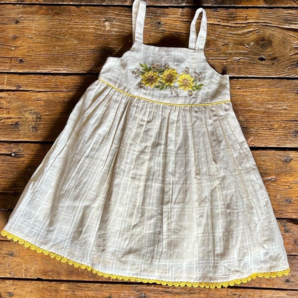 haute hippie Toddler Girls Sun Dress Pale Yellow, Embroidered Sun Flowers Cotton
